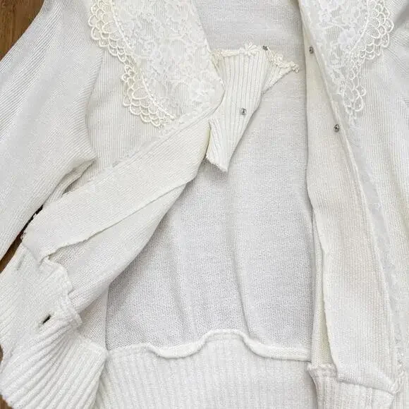 VTG Sweater Womens Sz S Lace Collar Double Breasted Gold Buttons Cottagecore - Picture 5 of 12